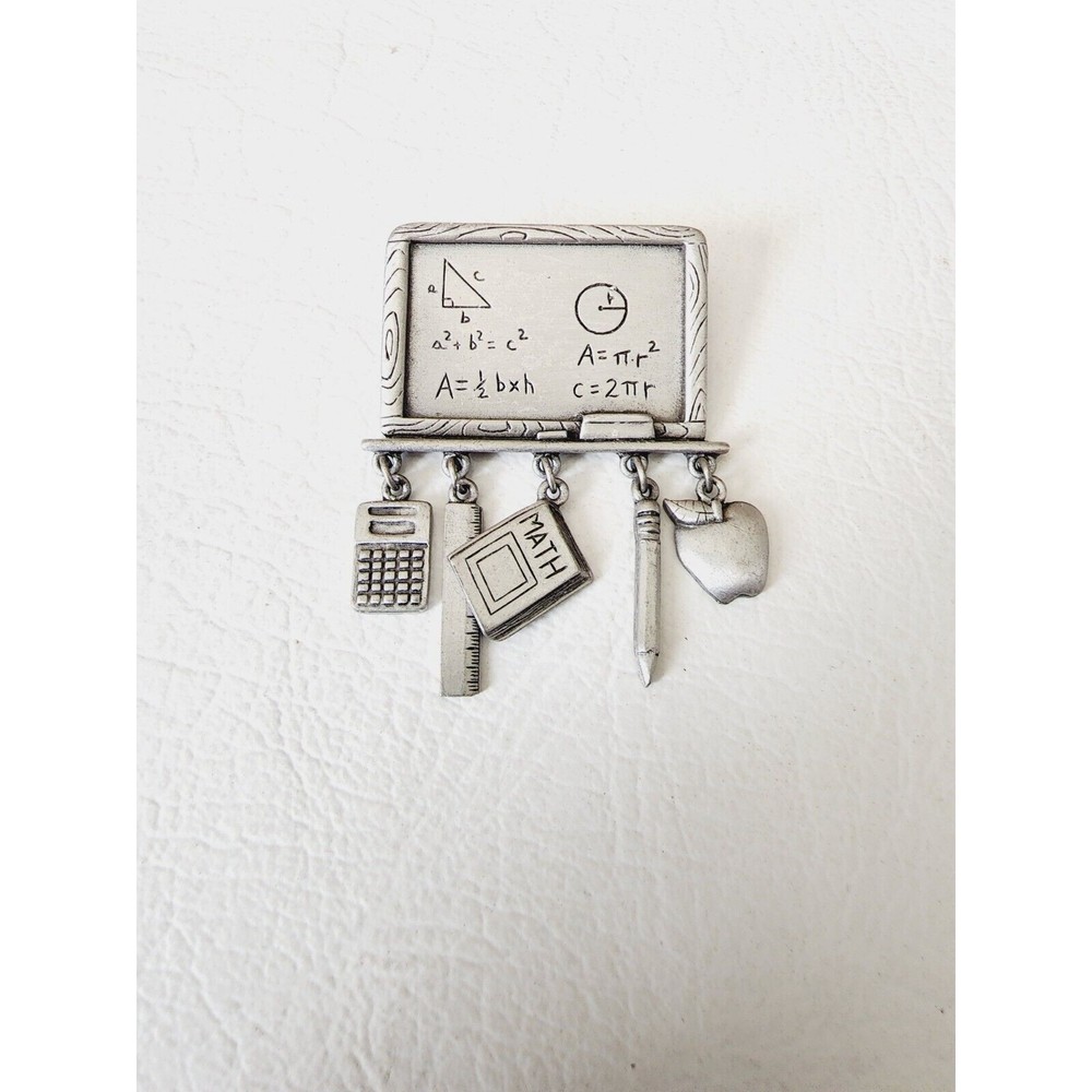 JJ Jonette Brooch Pin School Chalkboard dangle charms Math Calculator Ruler +